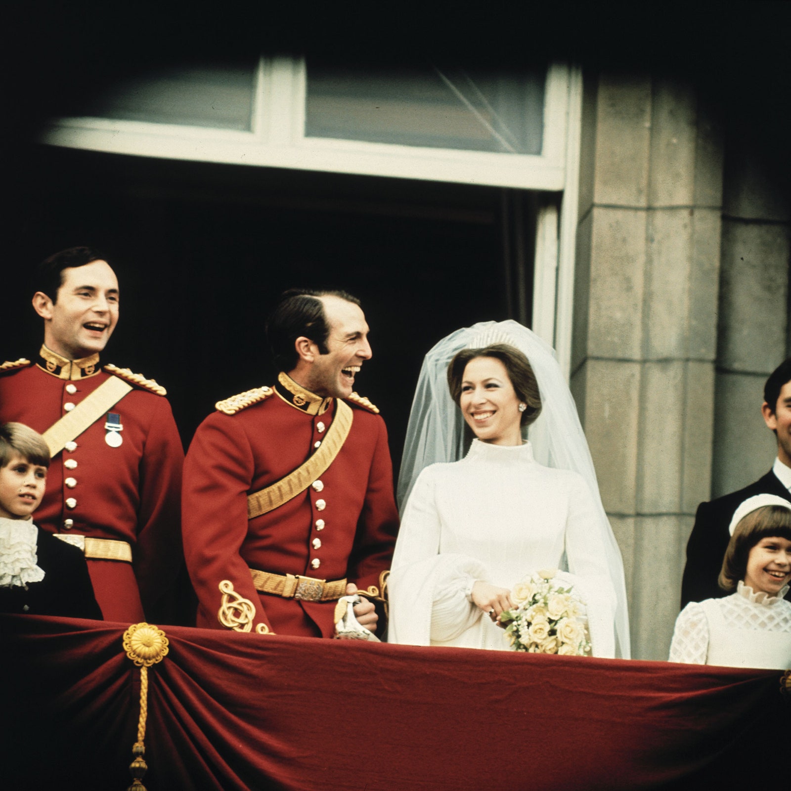 Princess Anne and Captain Mark Phillips on the balcony of Buckingham Palace after their wedding 1973