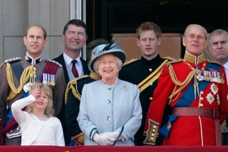 Image may contain Philip Tomalin Elizabeth II Timothy Laurence Prince Andrew Duke of York Hat Clothing and Apparel