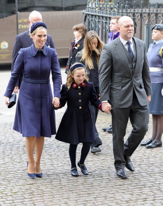 Zara and Mike Tindall attend the memorial service for the Duke Of Edinburgh at Westminster Abbey with their daughter Mia...