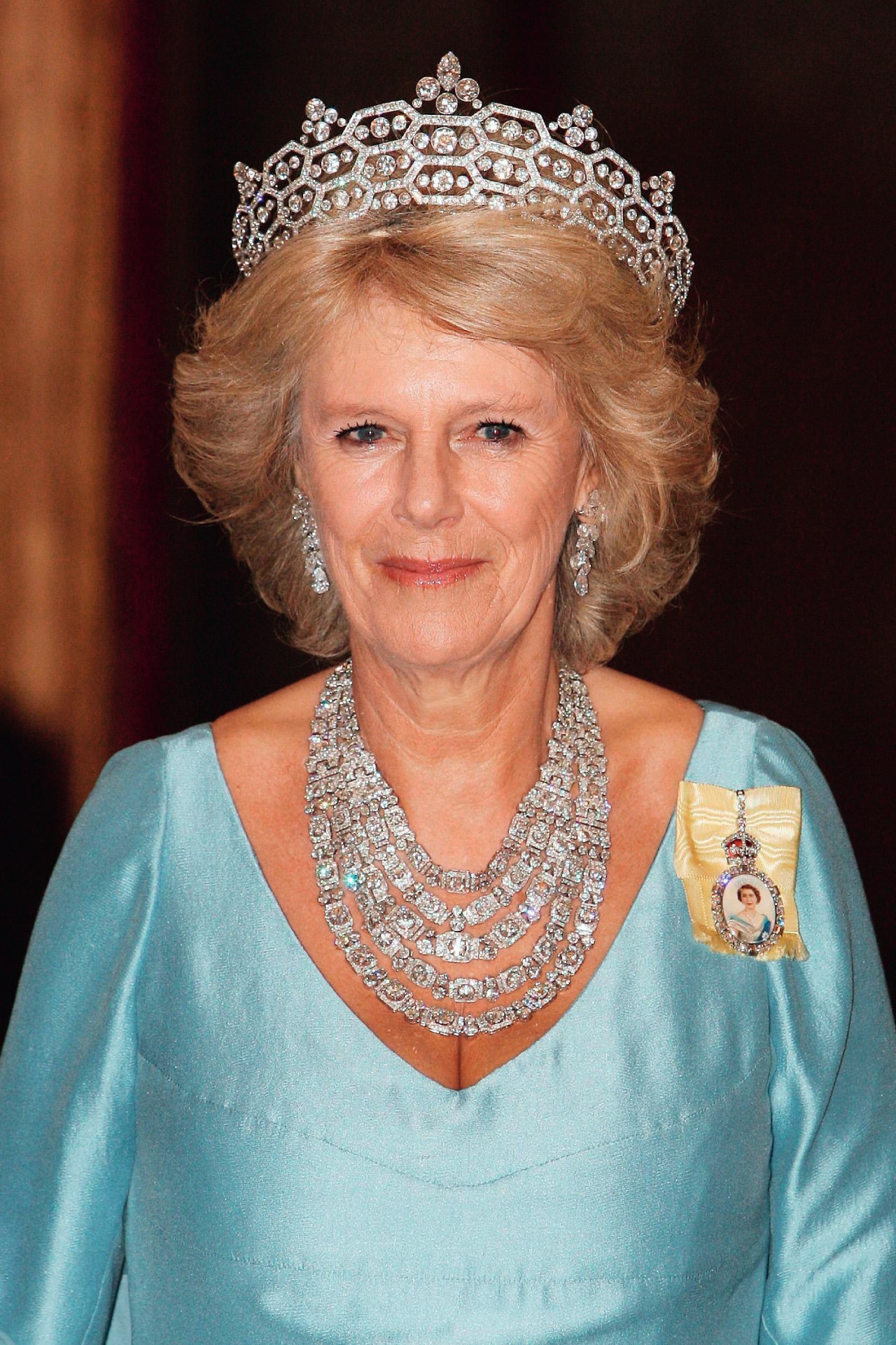 Worn again by the thenDuchess of Cornwall with the Greville Tiara at The Queens Banquet for the Commonwealths heads of...