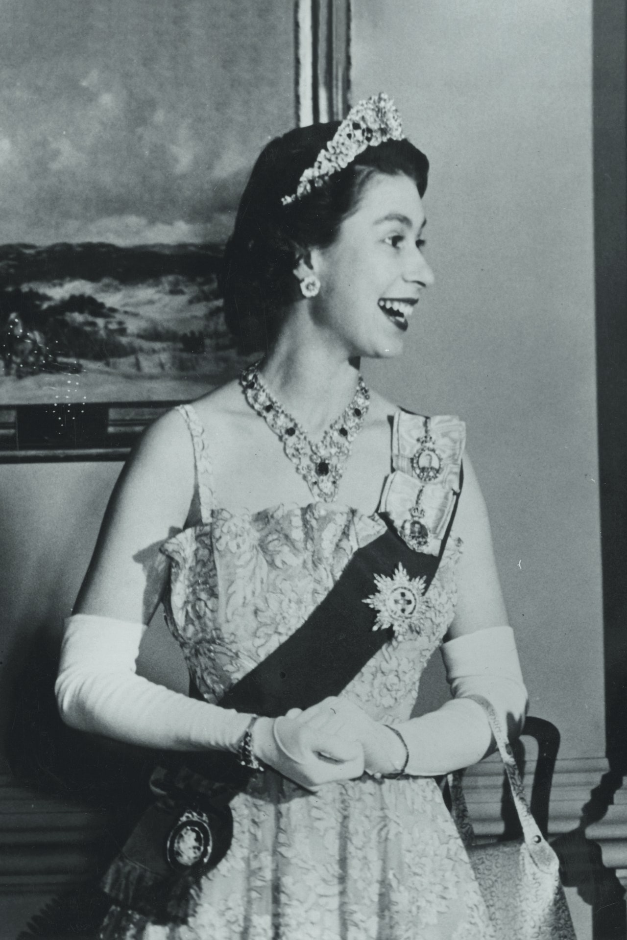 The Greville Ruby and Diamond Necklace on the the thenPrincess Elizabeth at a state banquet in Ottawa 1951