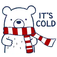 a polar bear wearing a scarf that says it 's cold on it