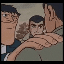 a cartoon of three men talking to each other with one of them making a funny face .