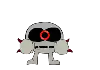 a cartoon character with a red circle in the middle of his eyes