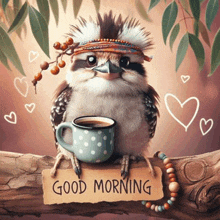 a bird is sitting on a branch holding a cup of coffee and a sign that says good morning