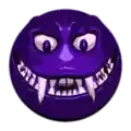 a purple smiley face with vampire teeth and fangs .