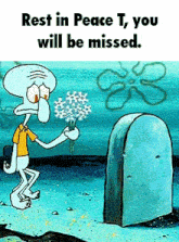 a cartoon of squidward giving flowers to a grave