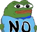 a cartoon frog is wearing a blue shirt that says no .