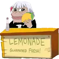 a cartoon character holding a lemon behind a lemonade stand that says lemonade guaranteed fresh