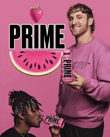 a man holding a bottle of prime watermelon juice