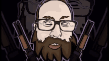 a cartoon of a man with glasses and a beard holding two shotguns