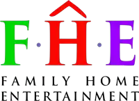 a logo for family home entertainment has a red green and purple lettering