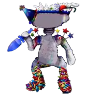 a stuffed animal with a birthday hat and sprinkles on its legs