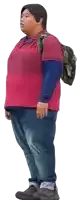 a man in a pink shirt and blue sweater is carrying a backpack