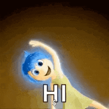 a cartoon character from inside out is dancing and smiling .