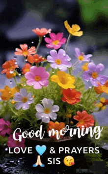 a bouquet of colorful flowers with the words good morning love and prayers