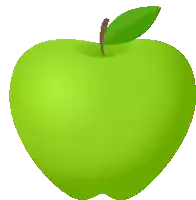 a green apple with a brown stem and a green leaf