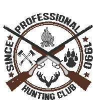 a logo for a professional hunting club with crossed guns and axes