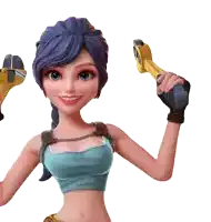 a cartoon girl with blue hair is holding a wrench and a tape measure