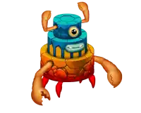 a colorful cartoon character with crab claws and a blue head