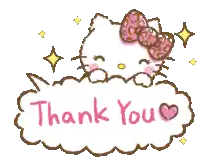 a hello kitty with a pink bow is sitting on a cloud and says thank you