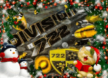 a christmas scene with a cat reading a book and snowmen and bullets and the words division 7222