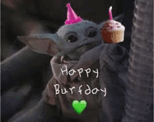 a baby yoda is wearing a pink party hat and holding a cupcake .