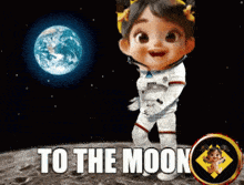 a little girl in a space suit is standing on the moon with the words to the moon below her