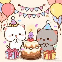 three cartoon cats celebrating a birthday with a cake and balloons