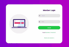 a member login page with a laptop and a green login button