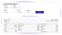 Screenshot of a payroll report, to sort by work location, employee, and date range.