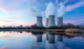 Nuclear power plant with dusk landscape.