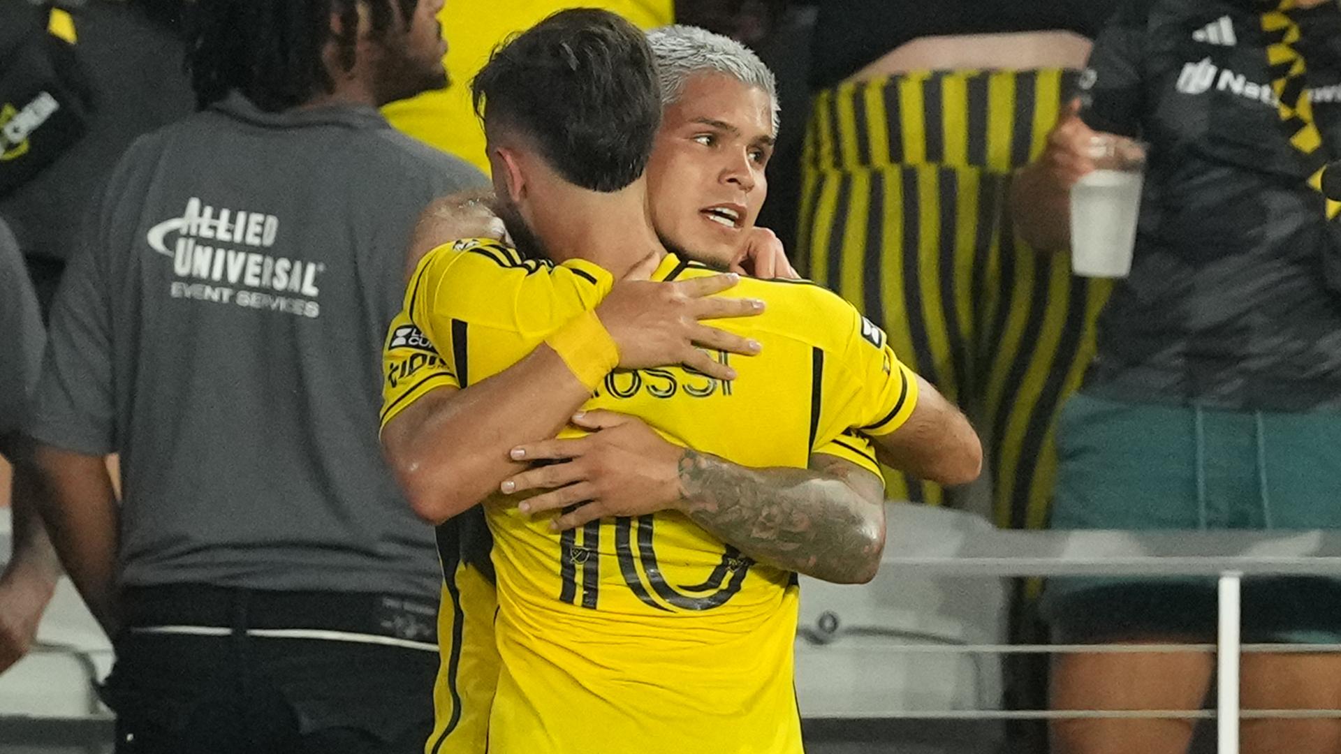 Cucho Hernández heads home the opening goal for Columbus Crew