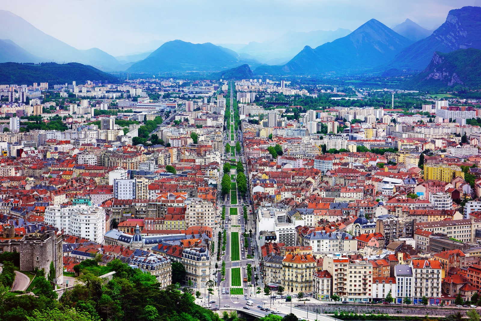 aerial view of city and mountains