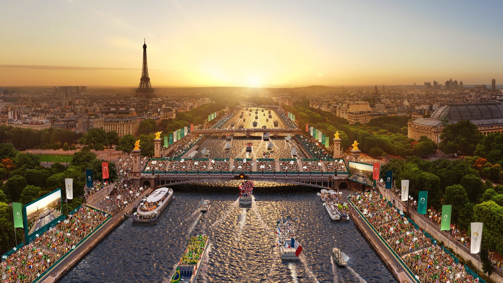 Aerial view of Paris with Eiffel tower and Seine river