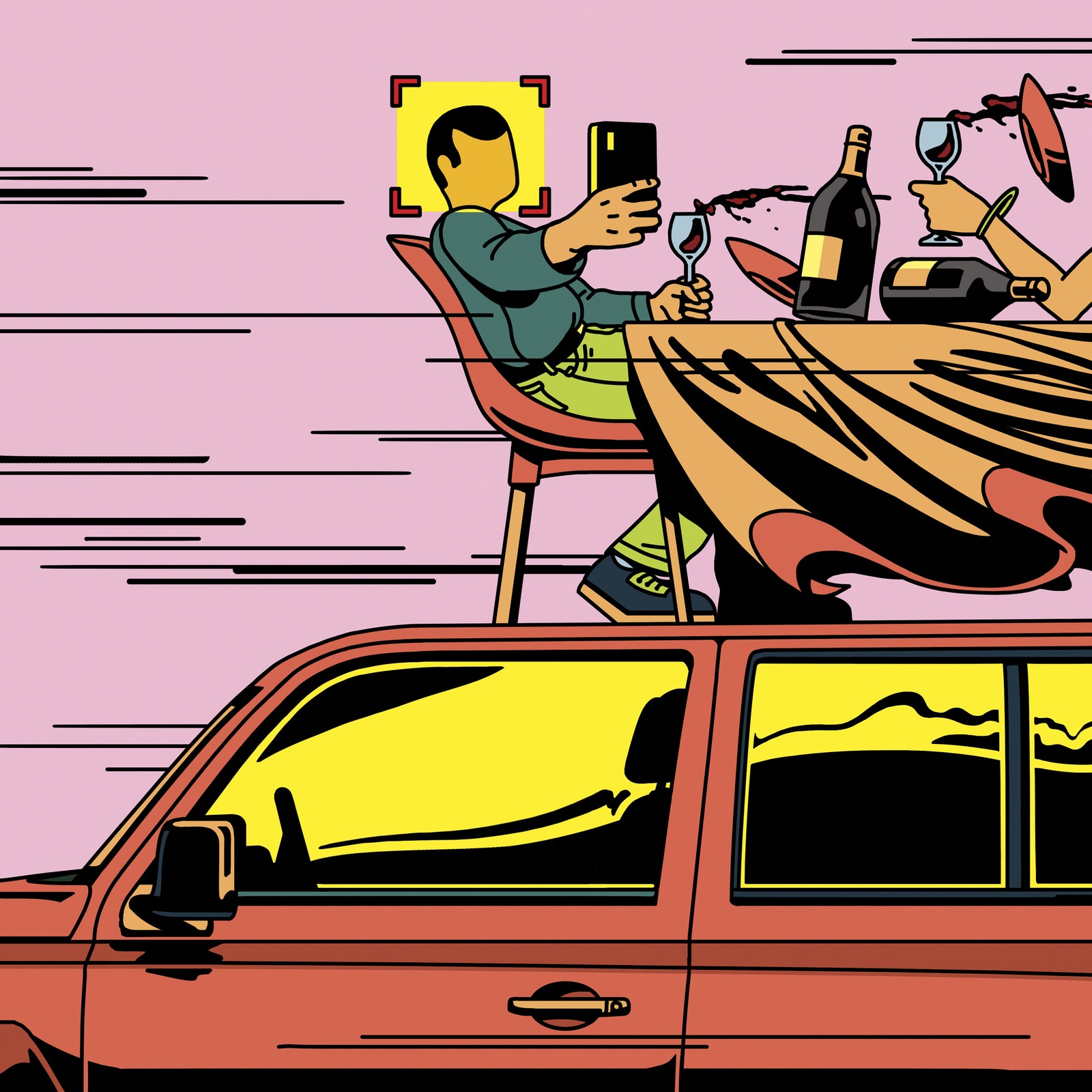 an illustration of a person sitting on top of a car dining at a table and taking a selfie at the same time.