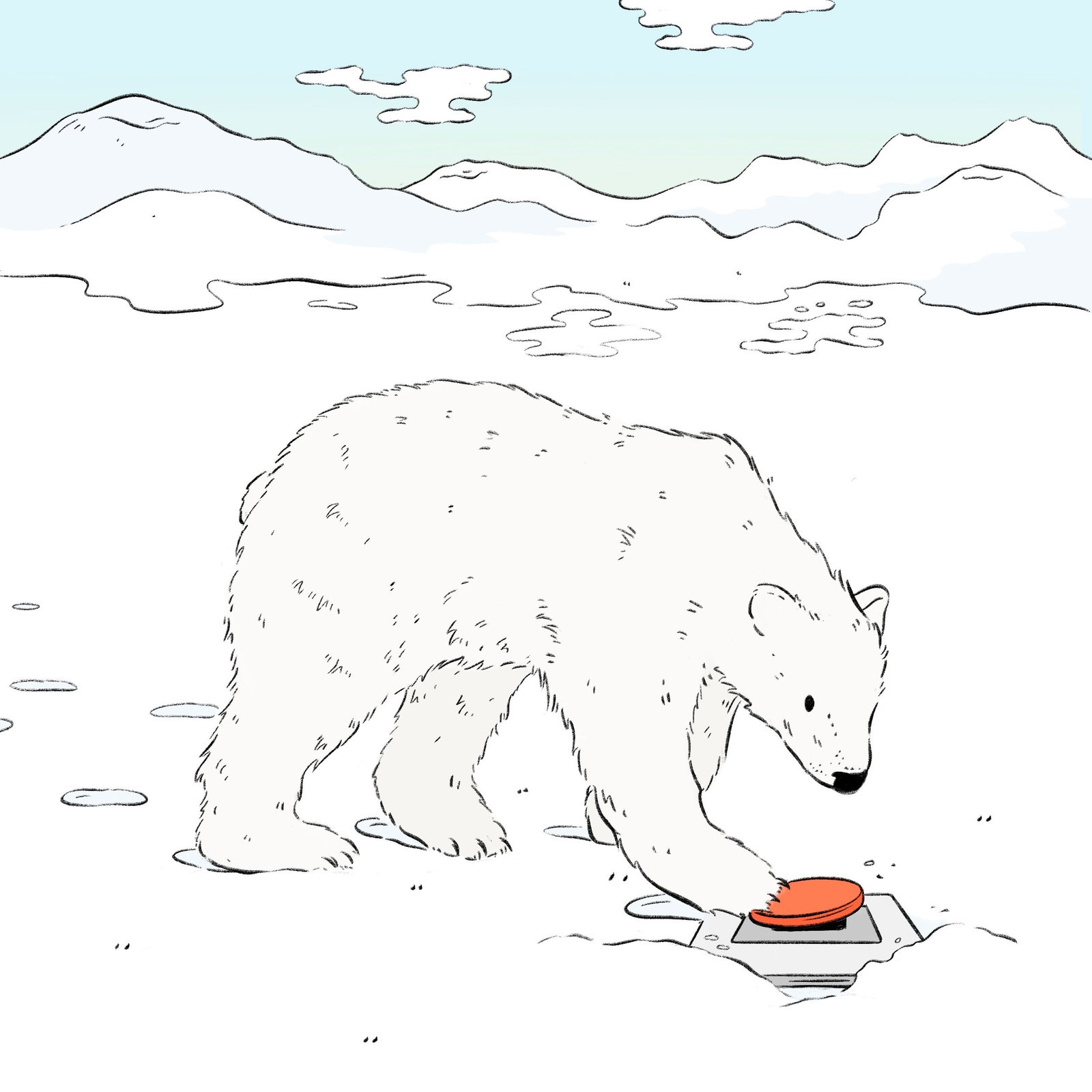 illustration polar bear pressing a red button in the snow