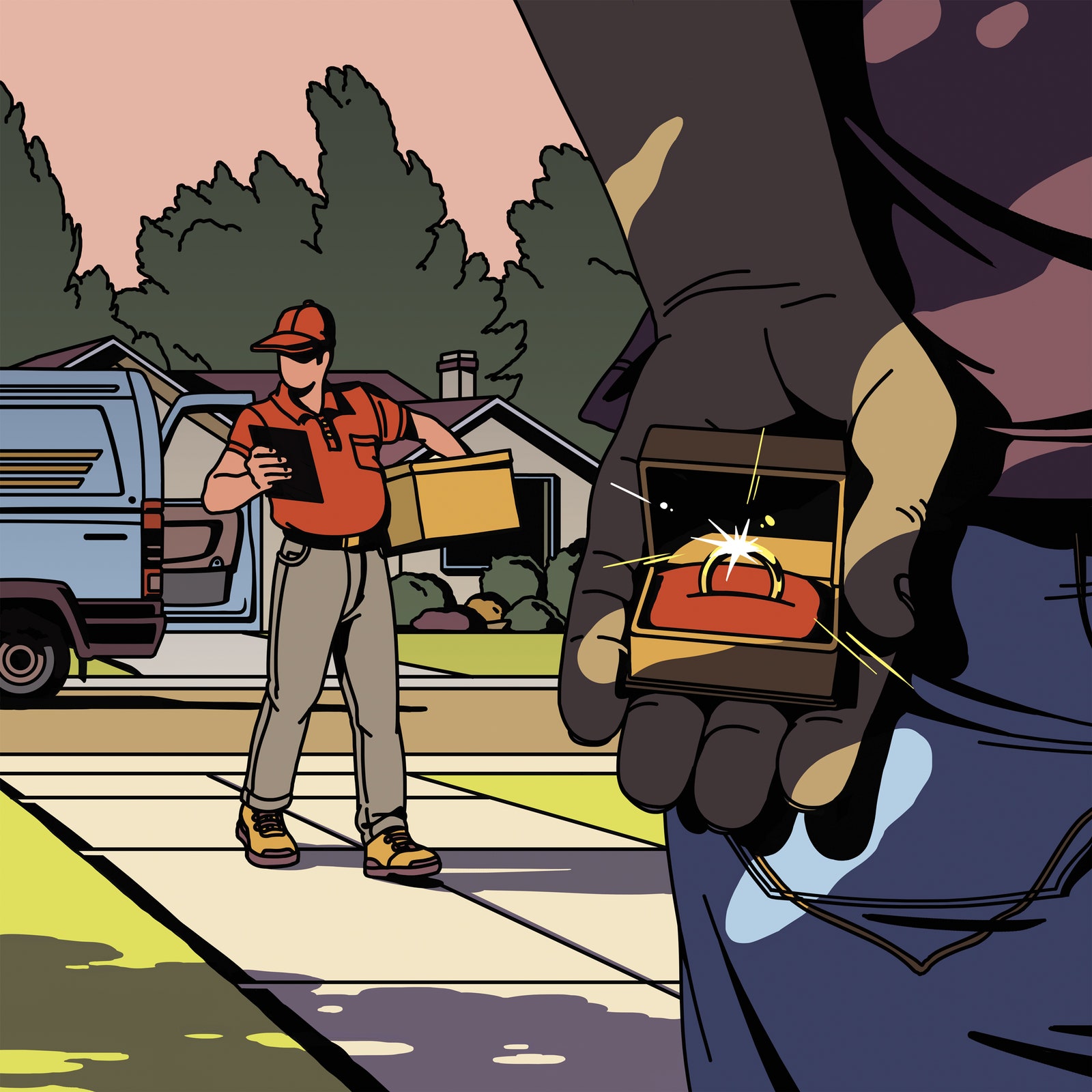 an illustration of someone about to propose to a deliveryman