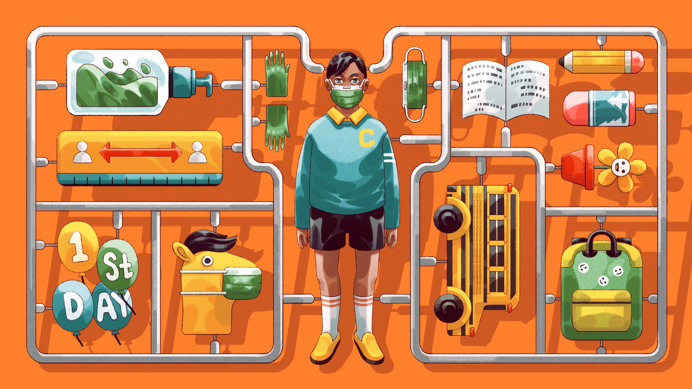 Illustration of student with school and Covidrelated supplies