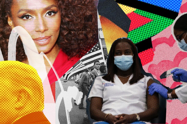 collage with Trump Janet Mock and Black person receiving covid vaccine