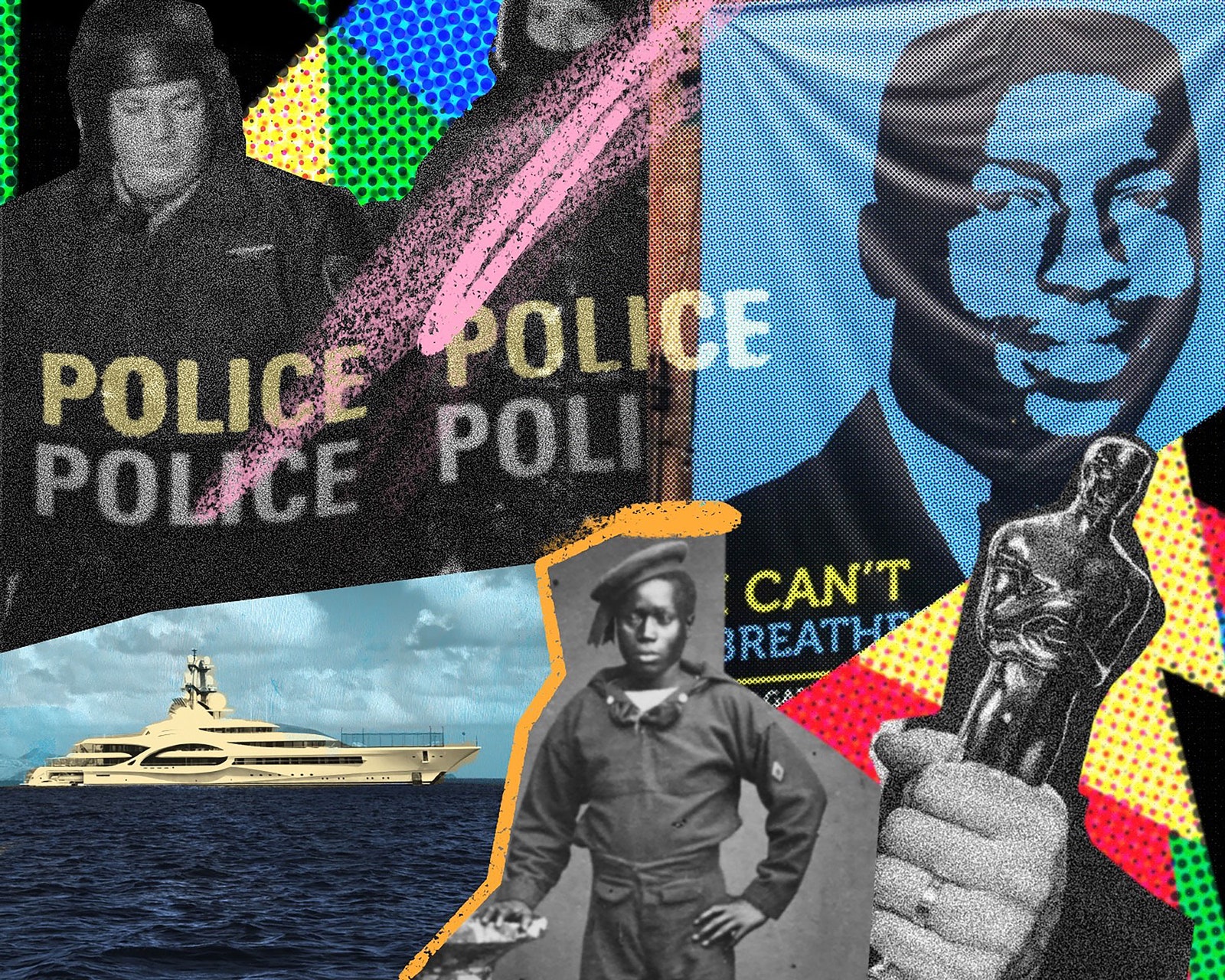 collage with police Oscar award BLM poster