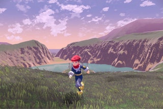 Screenshot of Pokemon Legends Arceus featuring character running through grassy mountain top