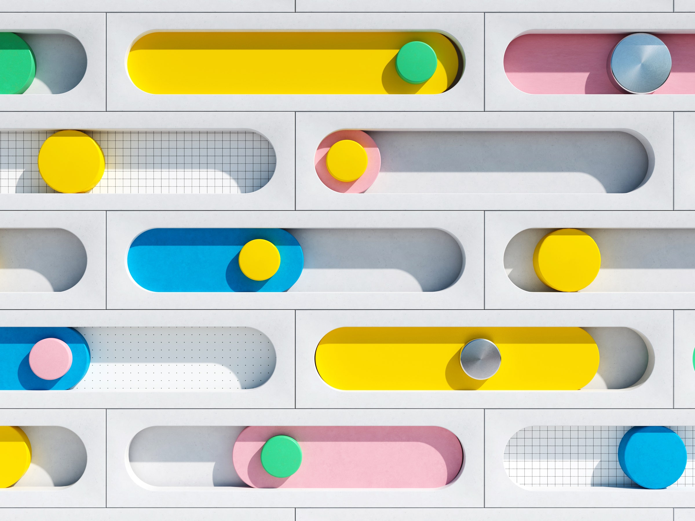 Digital generated image of abstract horizontal bar chart made out of smooth round multicolored bars and cylinders on...