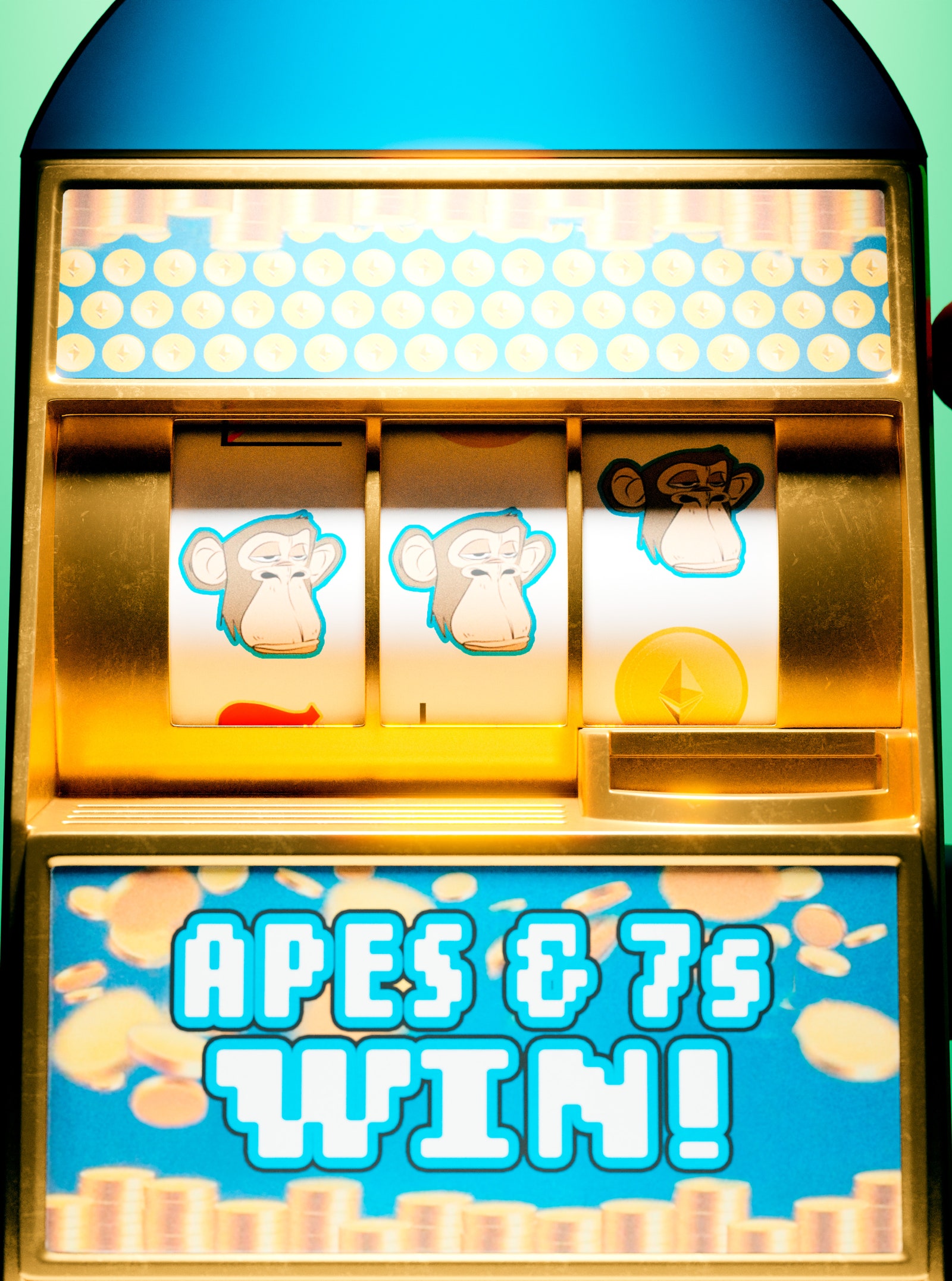 slot machine with bored apes NFT art and sign that reads APEs  7s WIN