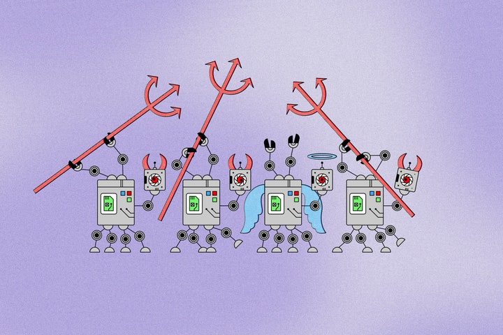 A group of devil robots crowd around an angel robot