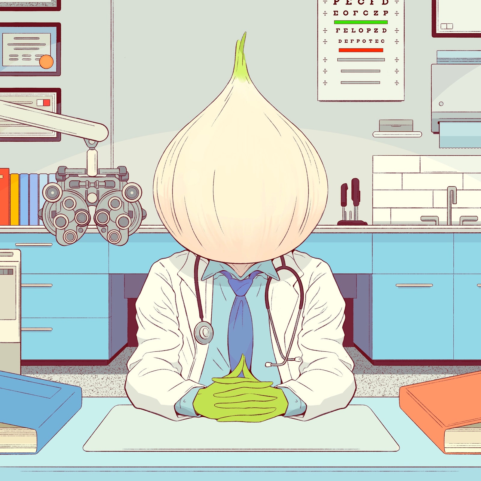 A doctor made of an onion sits across the desk intimidatingly.