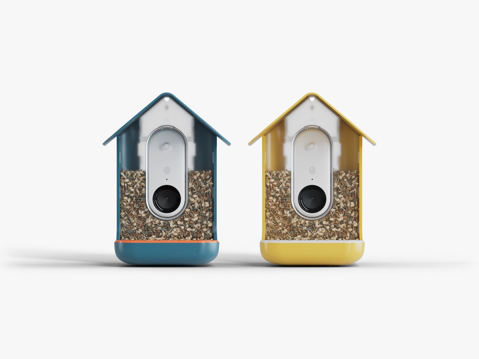 Bird Buddy bird feeder cameras in yellow and blue