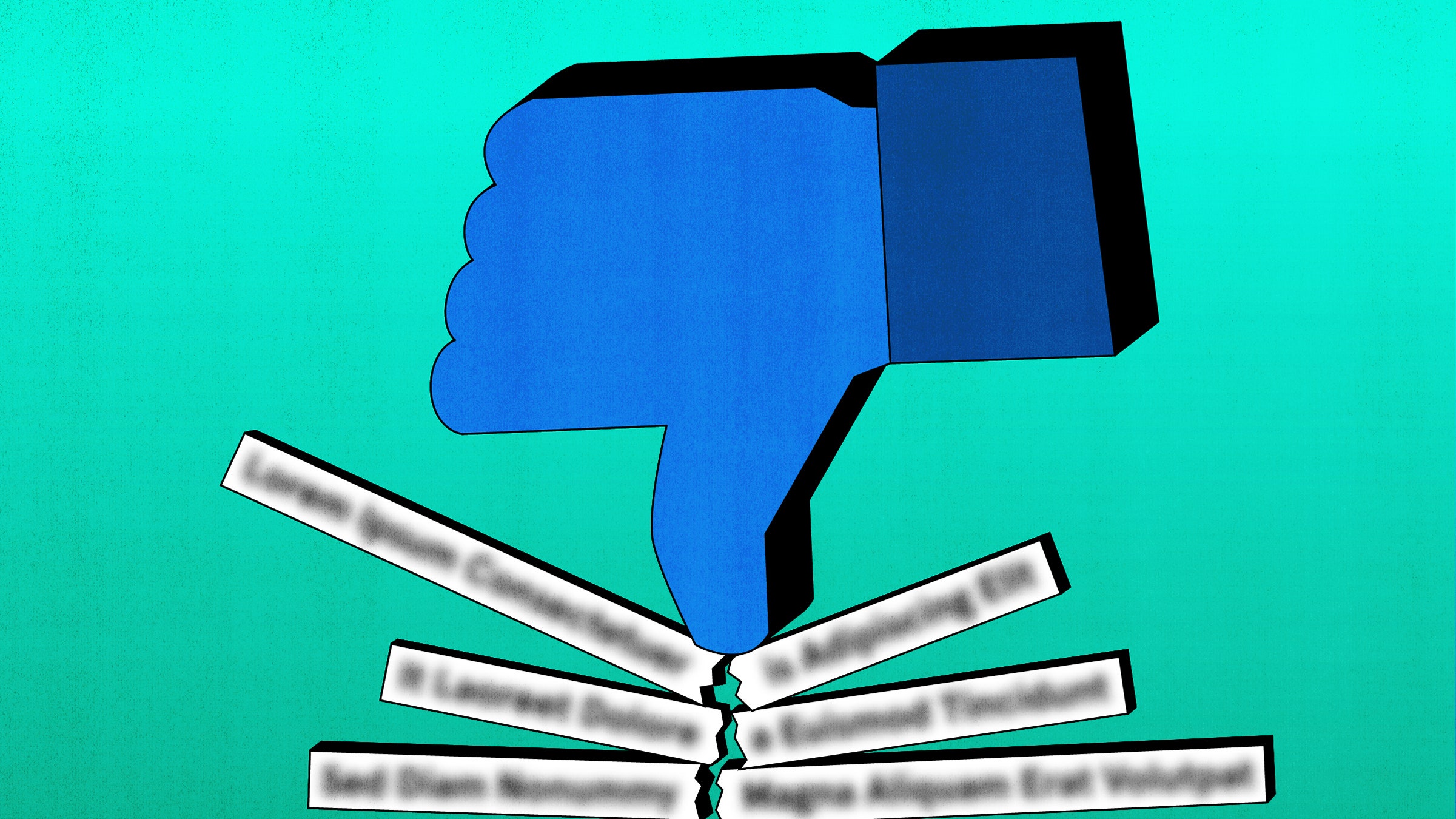 Illustration of a thumbs down emoji crushing some news headlines