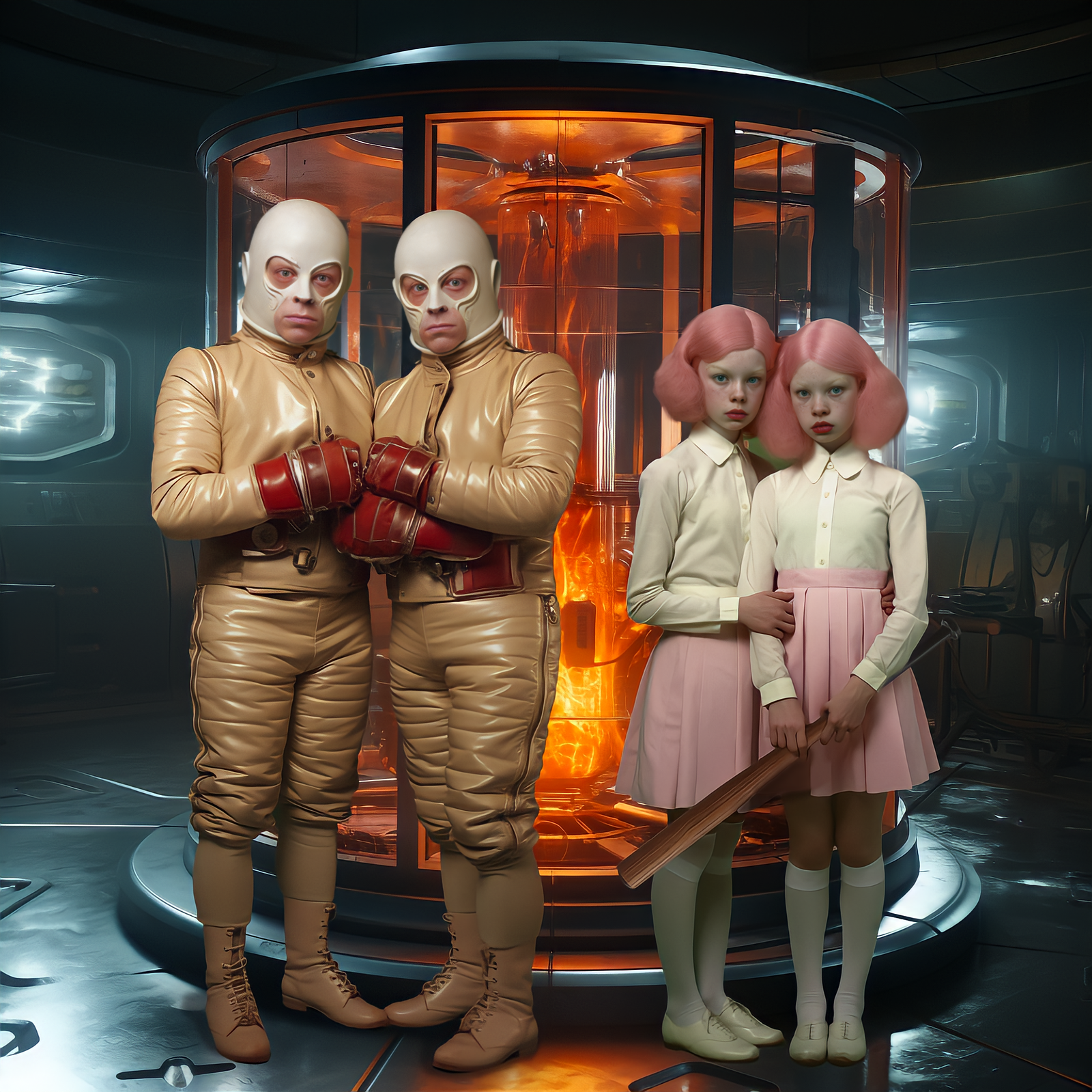 Two sets of twins stand outside of a portal.
