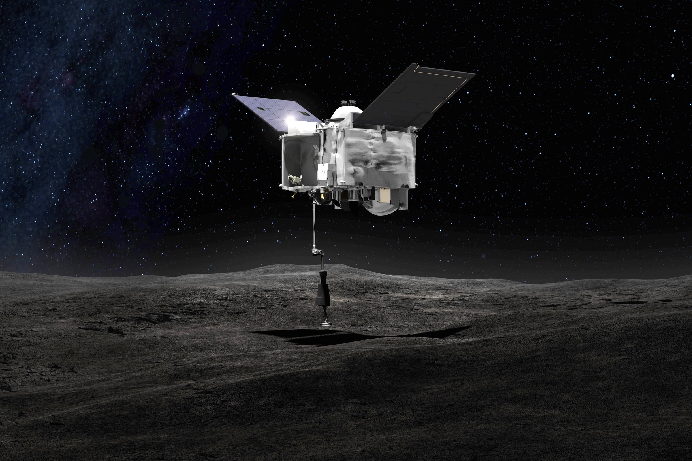 Artist concept showing the OSIRISREx  spacecraft contacting the asteroid Bennu with the TouchAndGo Sample Arm Mechanism...